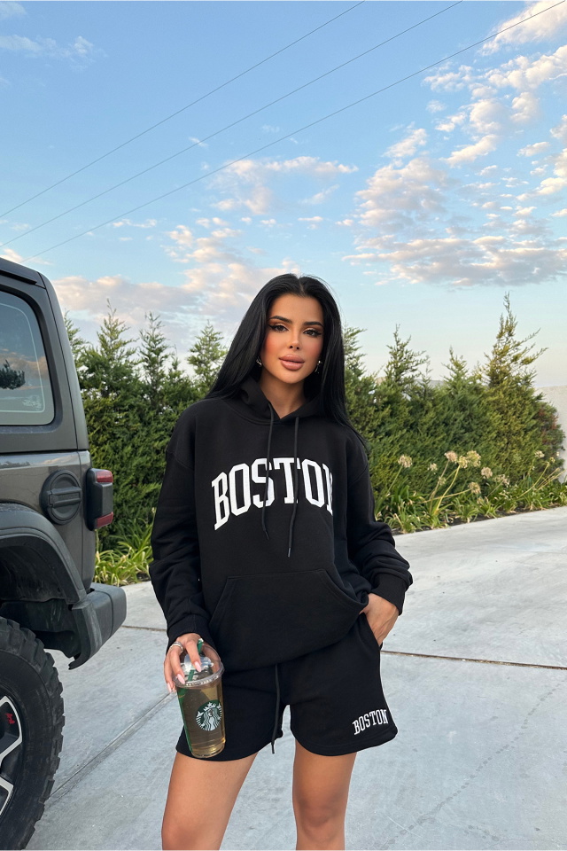 Siyah Boston Yazılı Şortlu Takım ATE8318 - 1