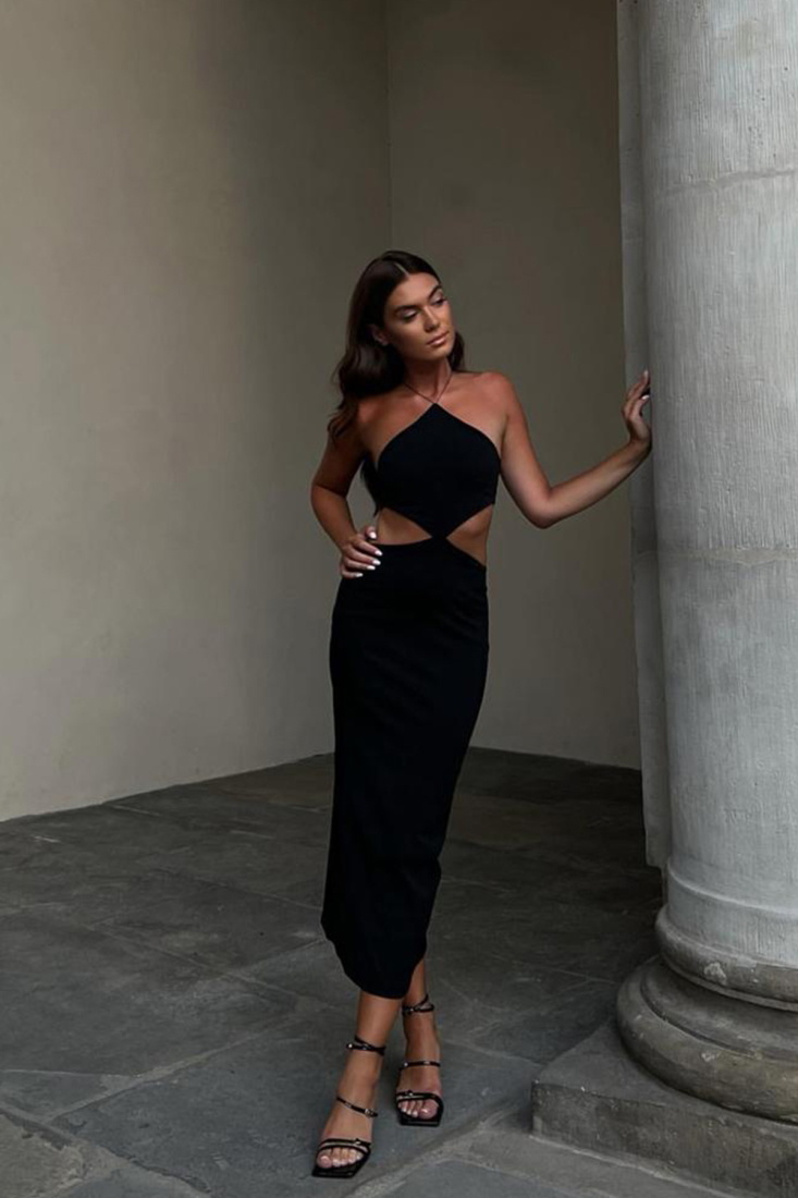 Siyah Boyun Detay Maxi Elbise ATE3750 - EYYO