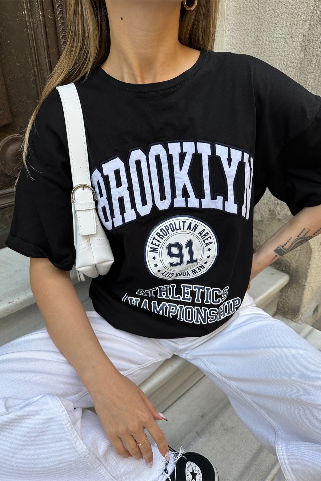 Siyah Broklyn Yazılı Tişört ATE5304 - 2