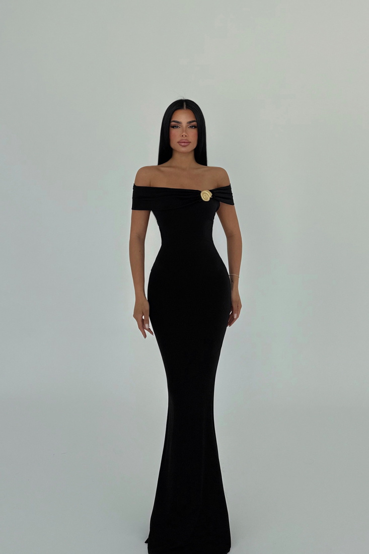 Siyah Seridie Deniz Kabuğu Detaylı Uzun Elbise ATE-2564 - EYYO