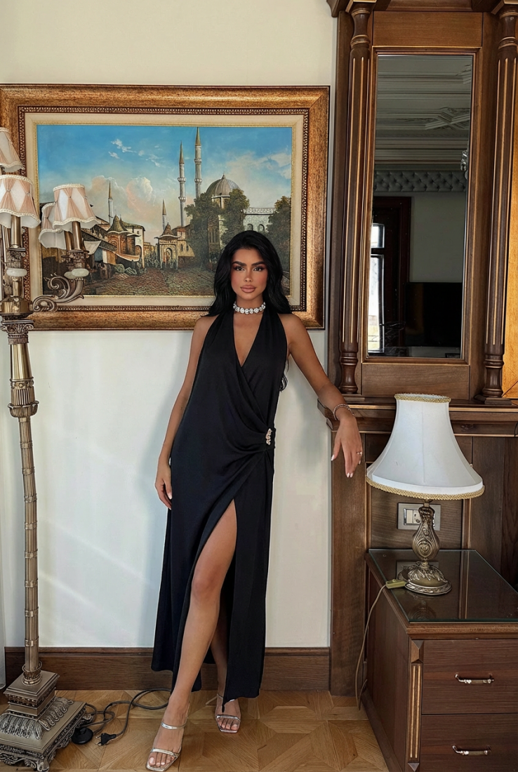 Siyah Constas Aksesuar Detaylı Elbise ATE-3550 - EYYO