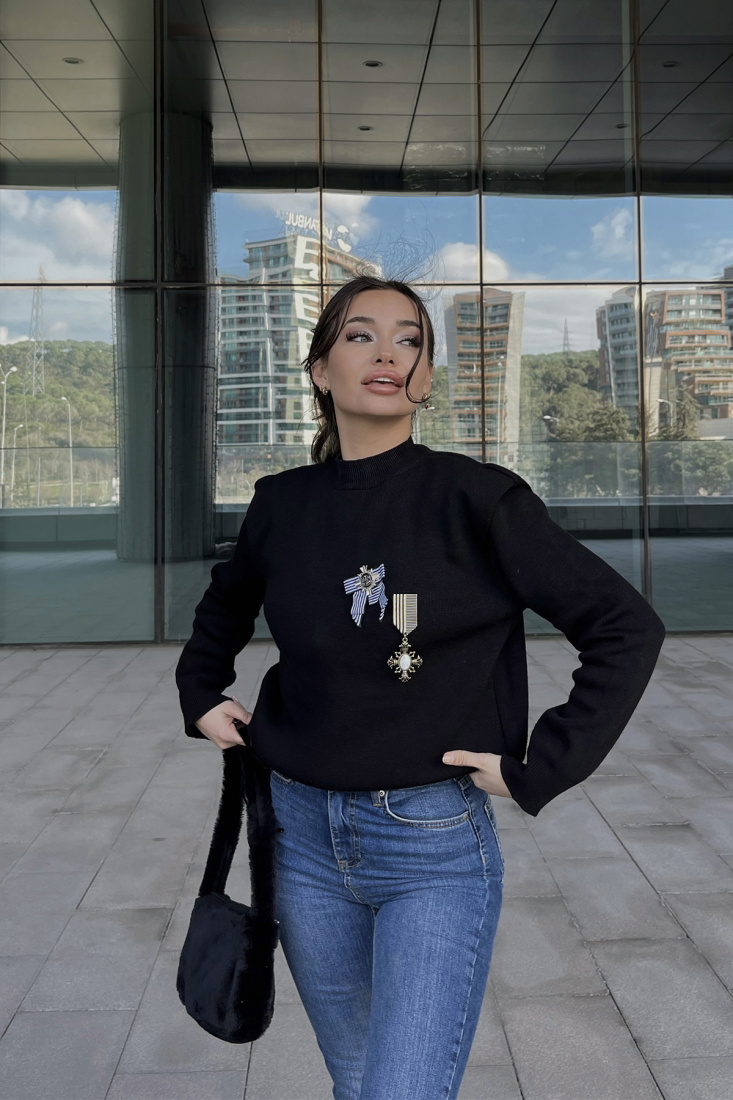 Siyah Broş Detay Kazak ATE4428 - MSY