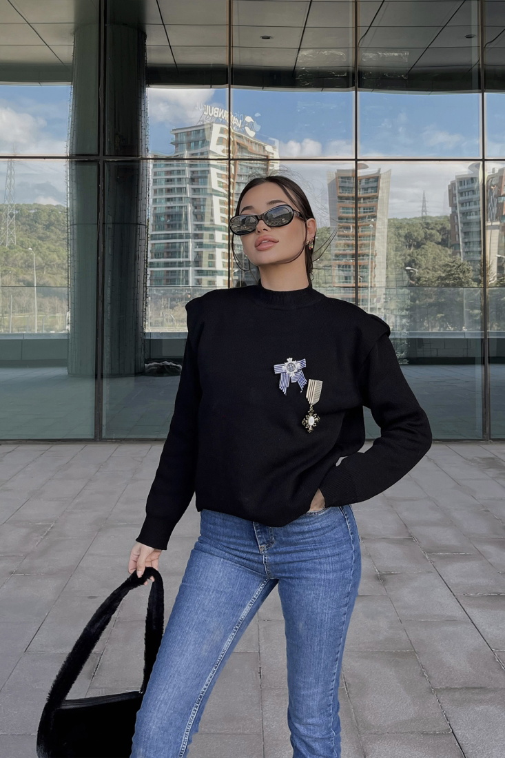 Siyah Broş Detay Kazak ATE4428 - MSY