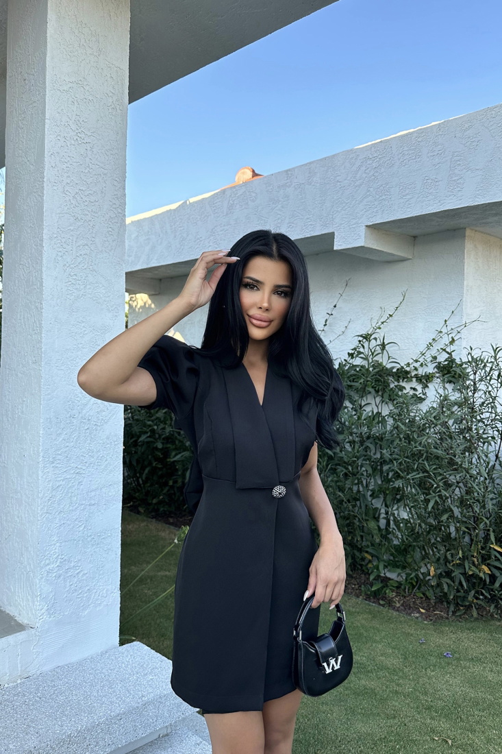 Siyah Broş Detay Mini Elbise ATE7881 - EYYO