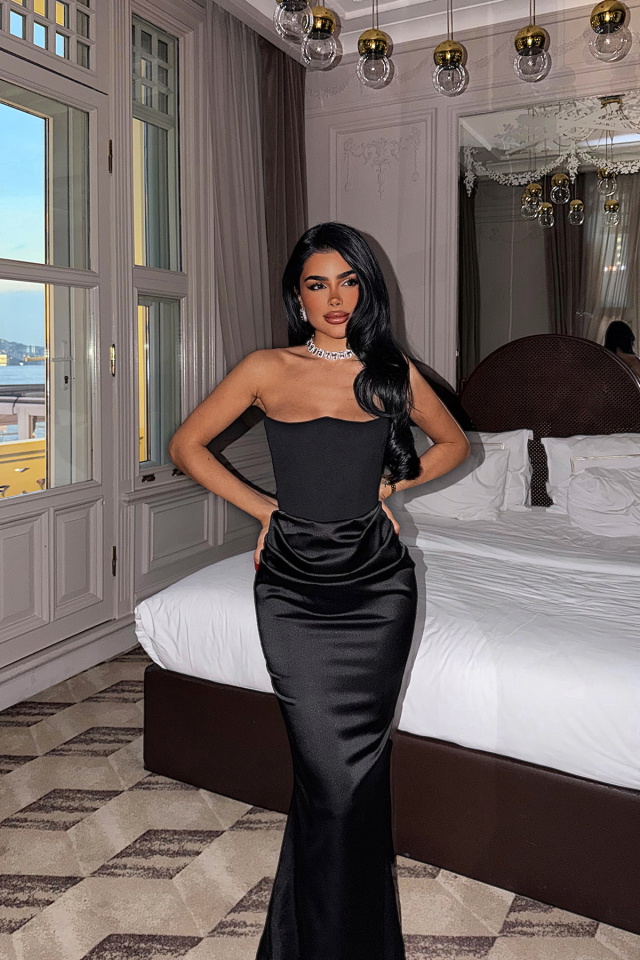 Siyah Velora Saten Elbise ATE-4380 - 2