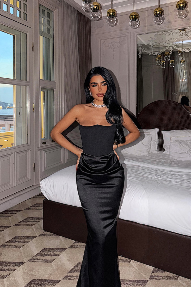 Siyah Velora Saten Elbise ATE-4380 - EYYO