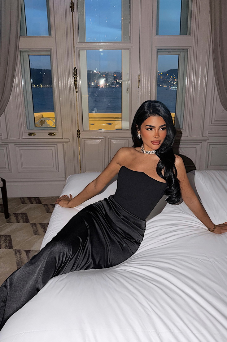 Siyah Velora Saten Elbise ATE-4380 - EYYO