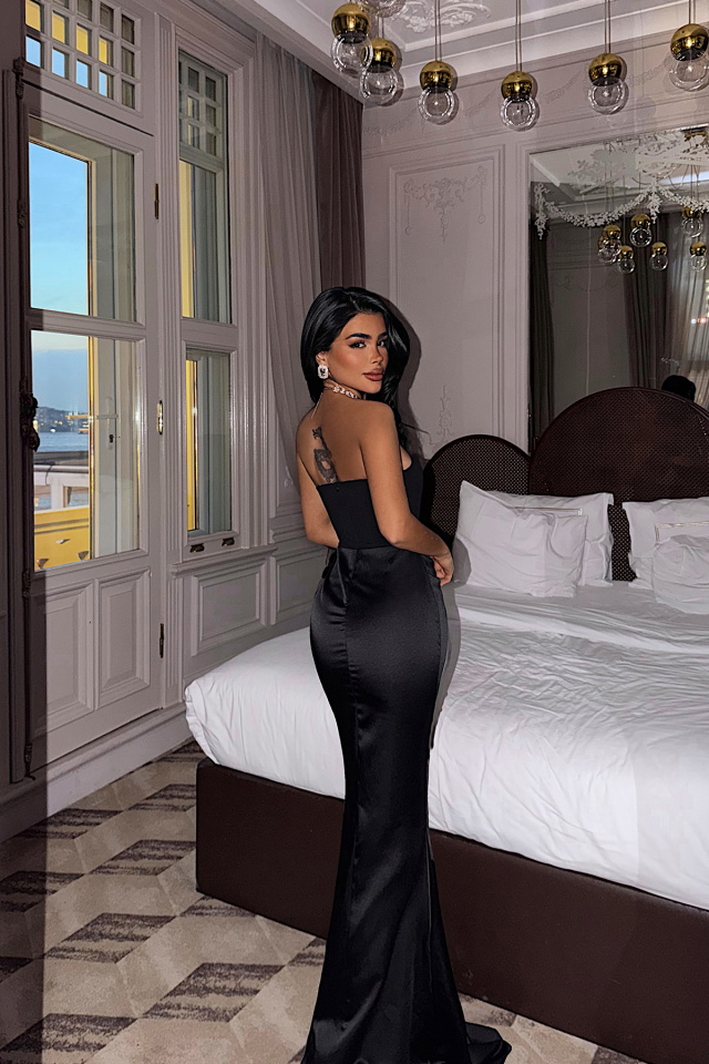 Siyah Velora Saten Elbise ATE-4380 - 4