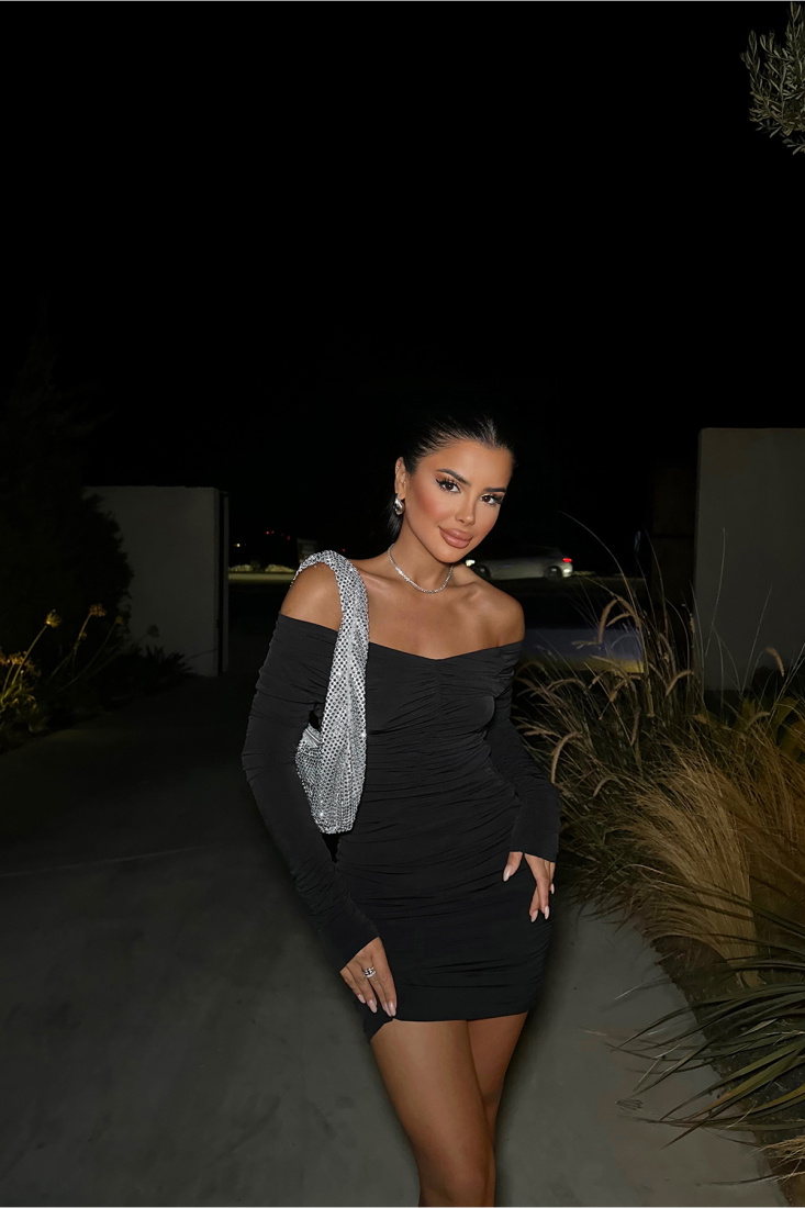 Siyah Büzgülü Mini Elbise ATE8469 - EYYO