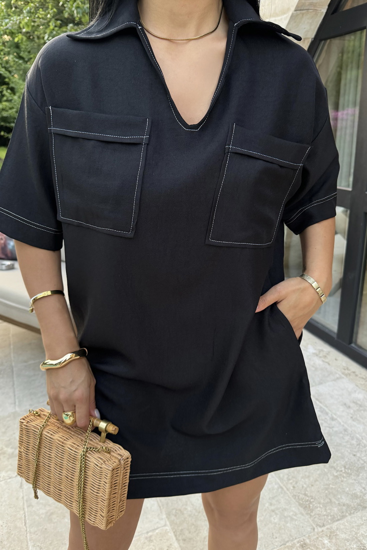 Siyah TİLDA KETEN GÖMLEK ELBİSE ATE-1044 - EYYO