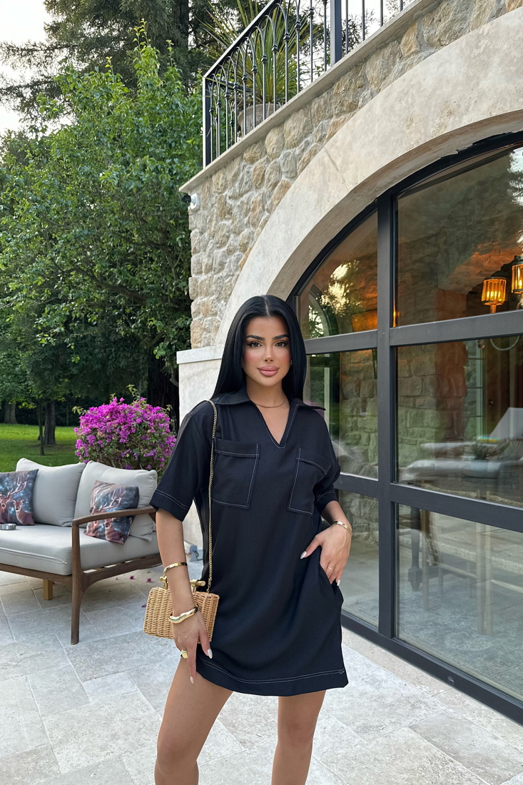 Siyah TİLDA KETEN GÖMLEK ELBİSE ATE-1044 - EYYO