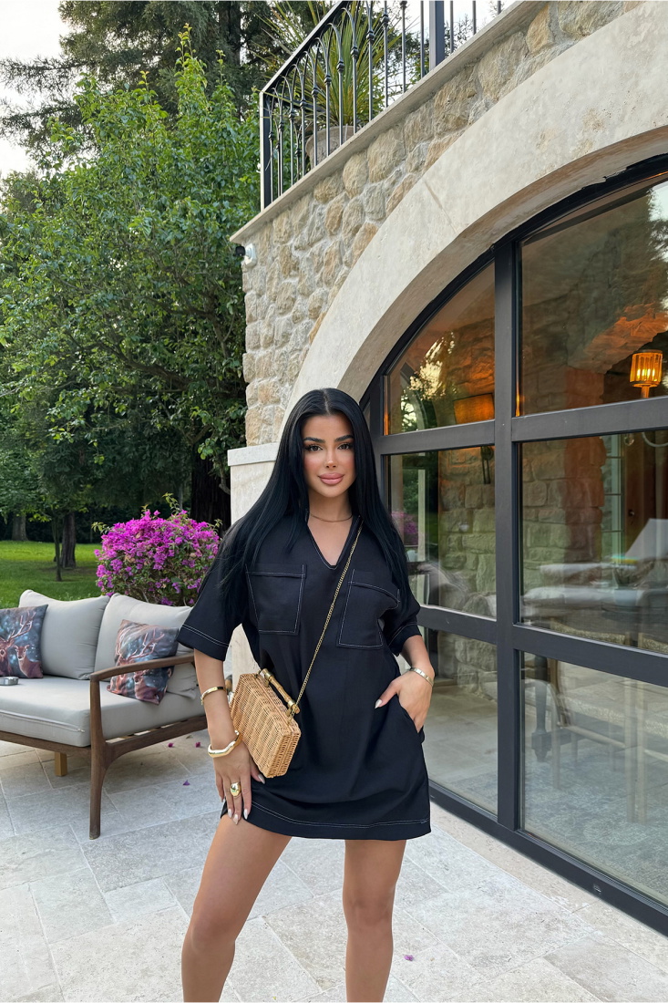 Siyah TİLDA KETEN GÖMLEK ELBİSE ATE-1044 - EYYO