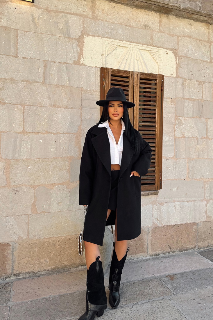 Siyah Cep Detay Kruvaze Yaka Kaban ATE-0190 - EYYO TOPTAN