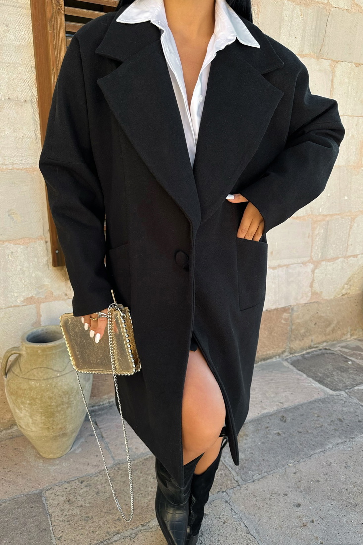 Siyah Cep Detay Kruvaze Yaka Kaban ATE-0190 - EYYO TOPTAN