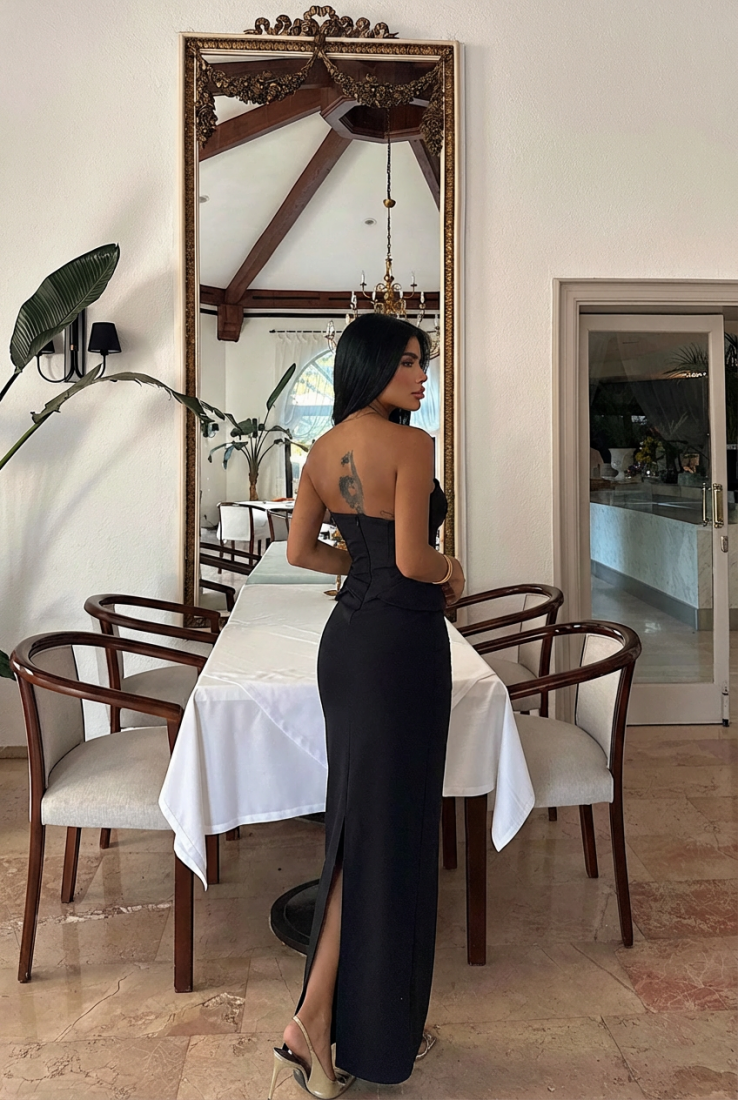 Siyah Soho Korse Detaylı Uzun Elbise ATE-3206 - EYYO