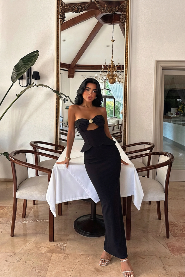 Siyah Soho Korse Detaylı Uzun Elbise ATE-3206 - EYYO