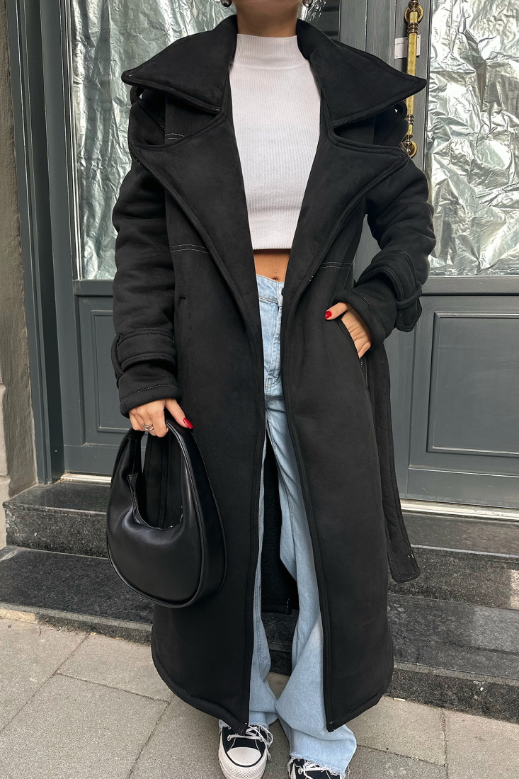 Siyah Cep Detay Uzun Kaban ATE-0428 - EYYO TOPTAN