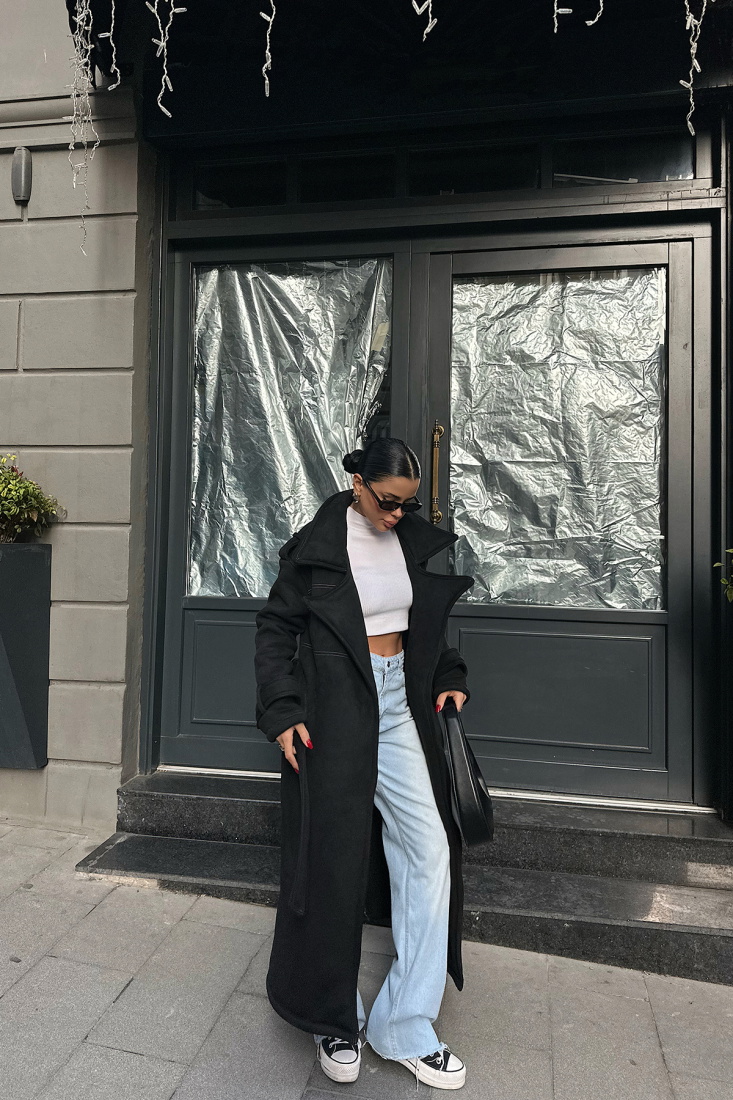 Siyah Cep Detay Uzun Kaban ATE-0428 - EYYO TOPTAN