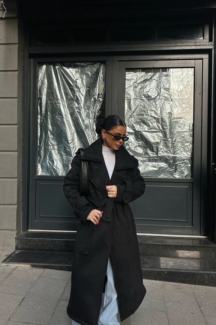 Siyah Cep Detay Uzun Kaban ATE-0428 - EYYO TOPTAN