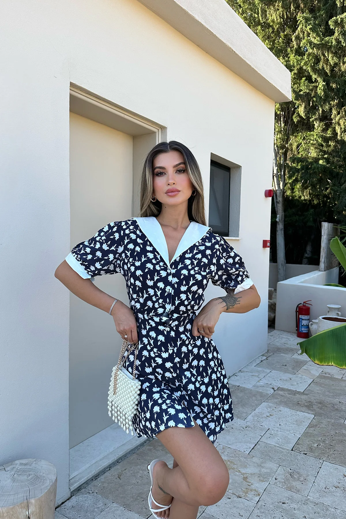 Lacivert Çiçek Desen Mini Elbise ATE7535 - EYYO