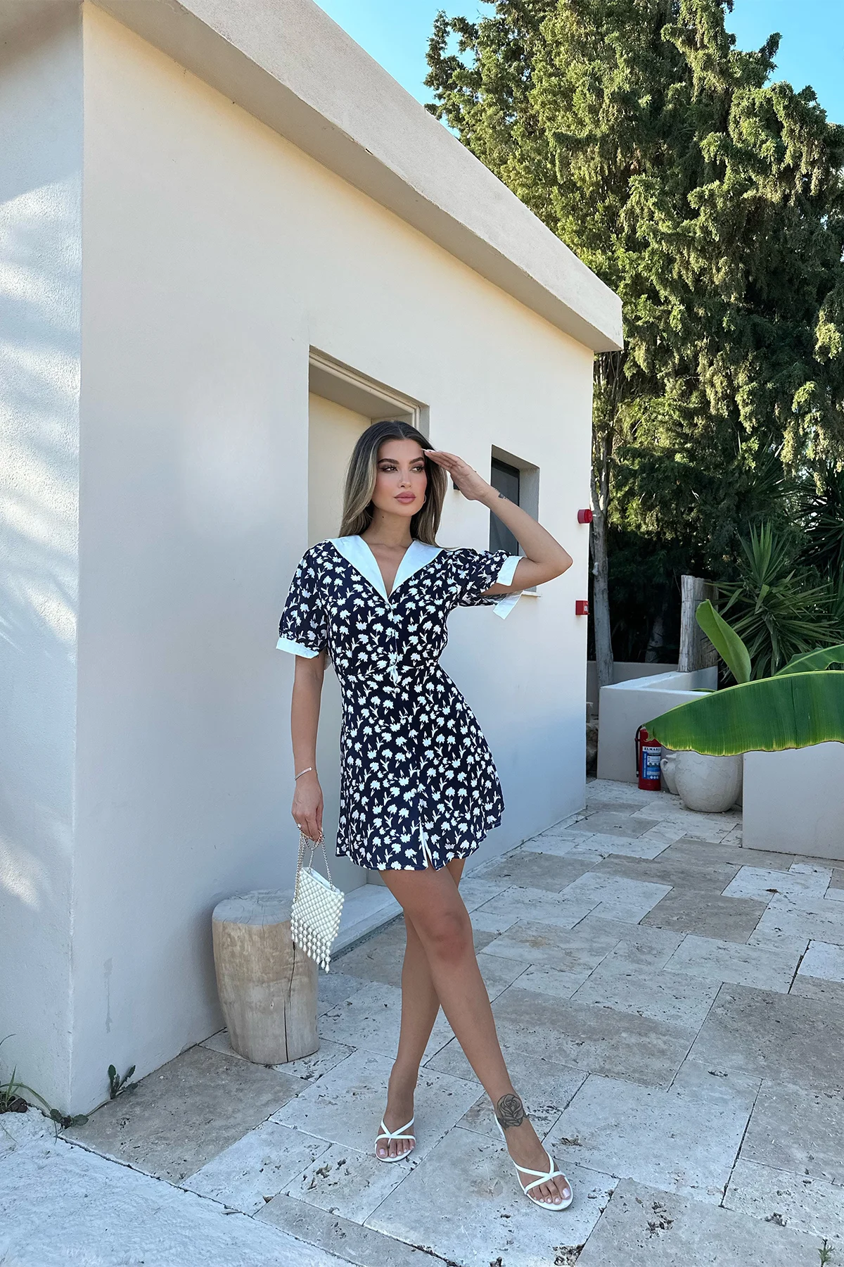 Lacivert Çiçek Desen Mini Elbise ATE7535 - EYYO