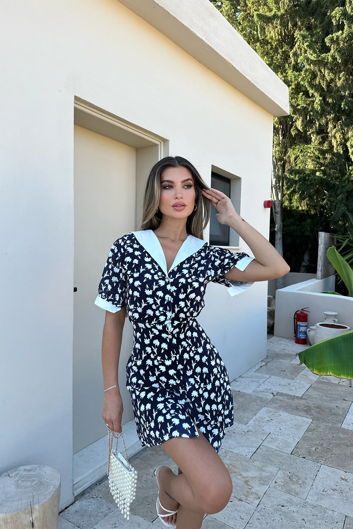 Lacivert Çiçek Desen Mini Elbise ATE7535 - 3