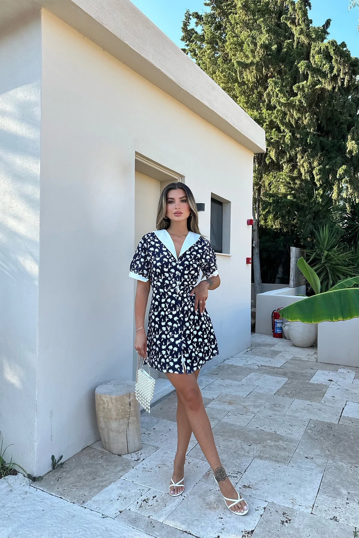Lacivert Çiçek Desen Mini Elbise ATE7535 - 4