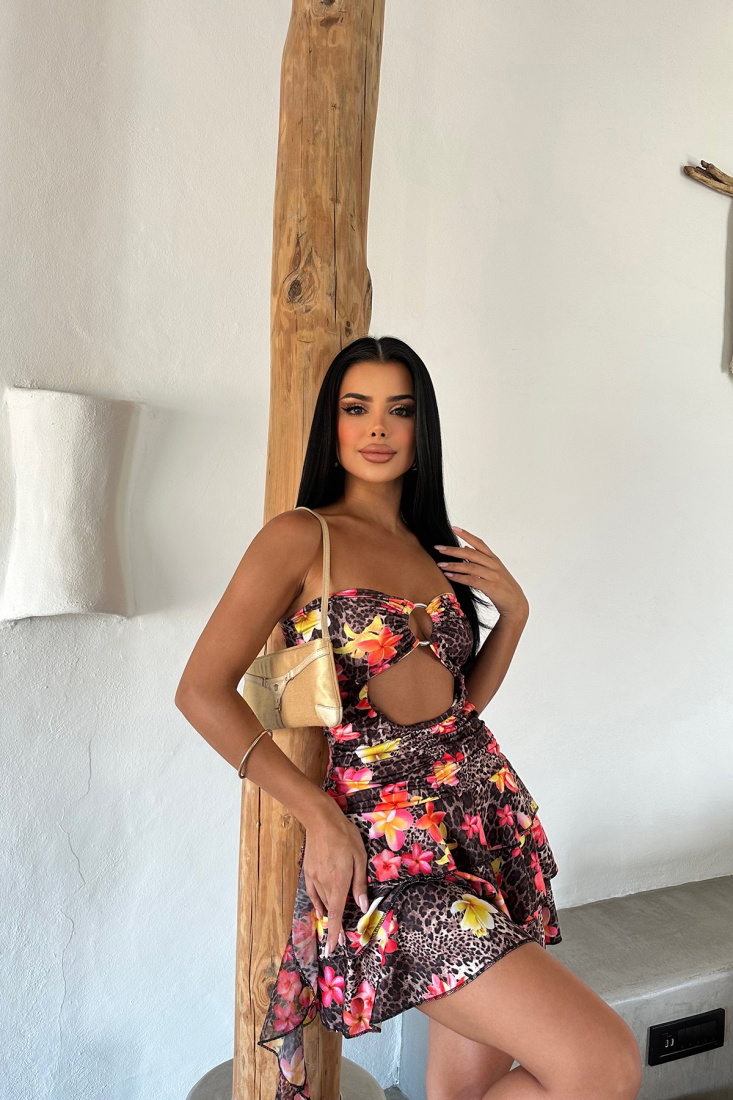 Siyah Çiçek Desen Pencere Detay Mini Elbise ATE8167 - EYYO