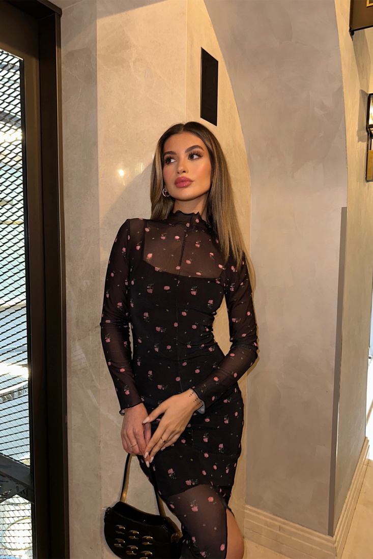 Siyah Çiçek Desen Tül Elbise ATE5239 - EYYO