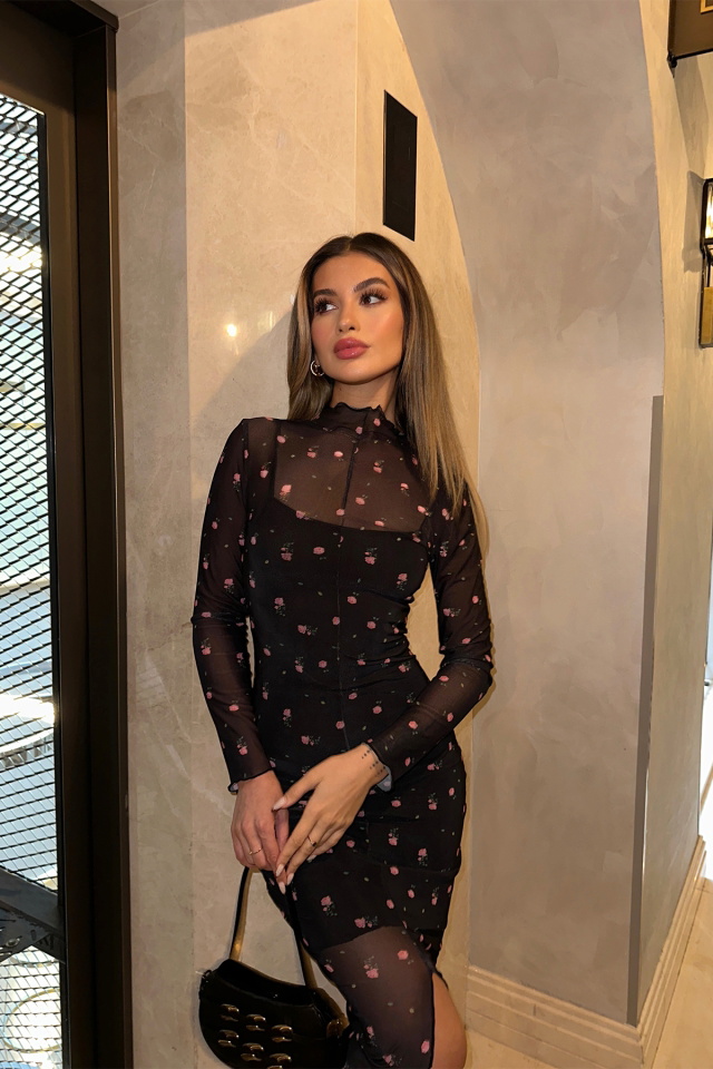 Siyah Çiçek Desen Tül Elbise ATE5239 - 3