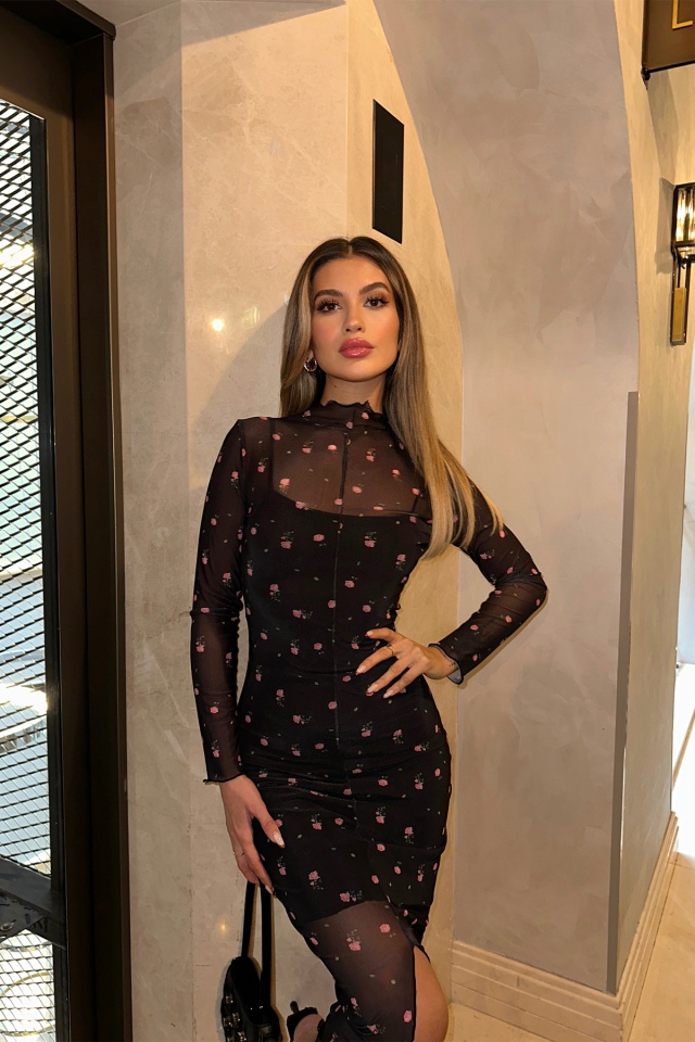 Siyah Çiçek Desen Tül Elbise ATE5239 - 1