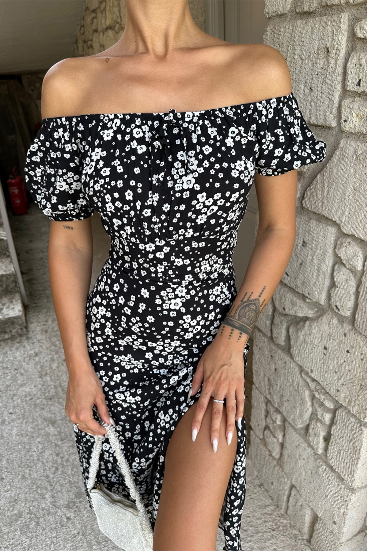 Siyah Çiçek Desen Yırtmaç Detay Elbise ATE7616 - EYYO