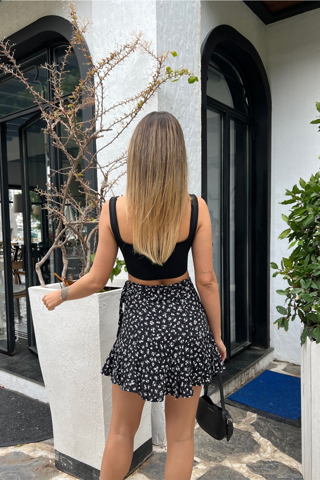 Siyah Çiçekli Bağlamalı Mini Etek ATE4536 - 5
