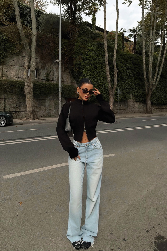 Siyah Balboa Çift Fermuarlı Triko Hırka ATE-3895 