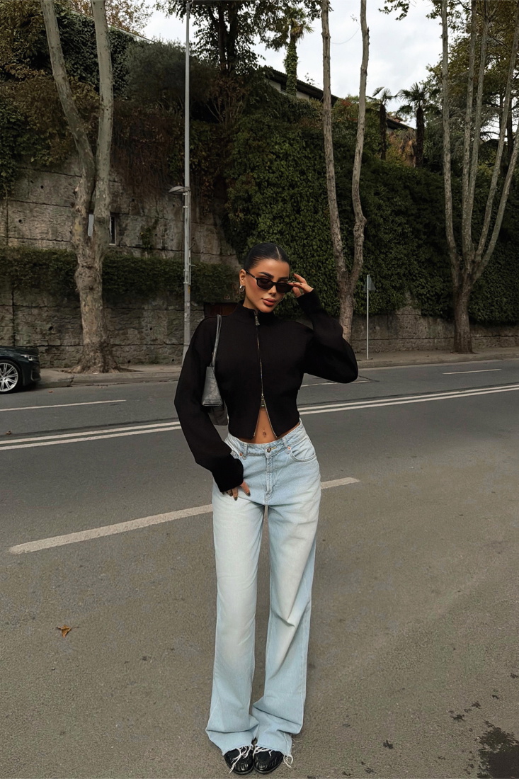 Siyah Balboa Çift Fermuarlı Triko Hırka ATE-3895 - EYYO