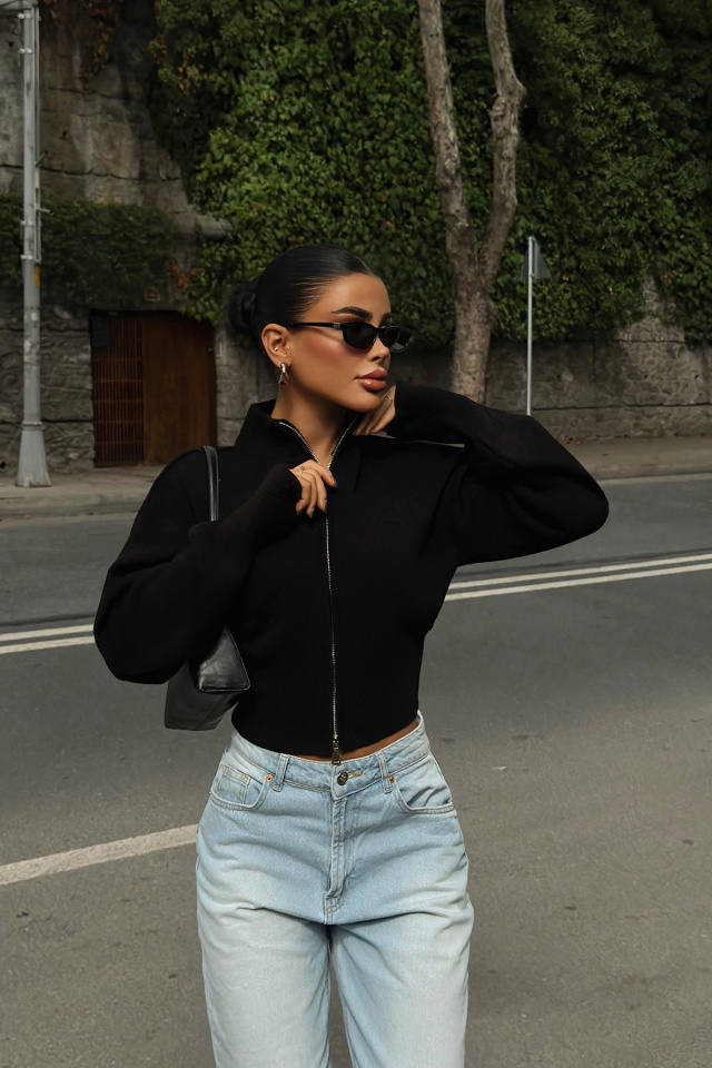 Siyah Balboa Çift Fermuarlı Triko Hırka ATE-3895 - 2