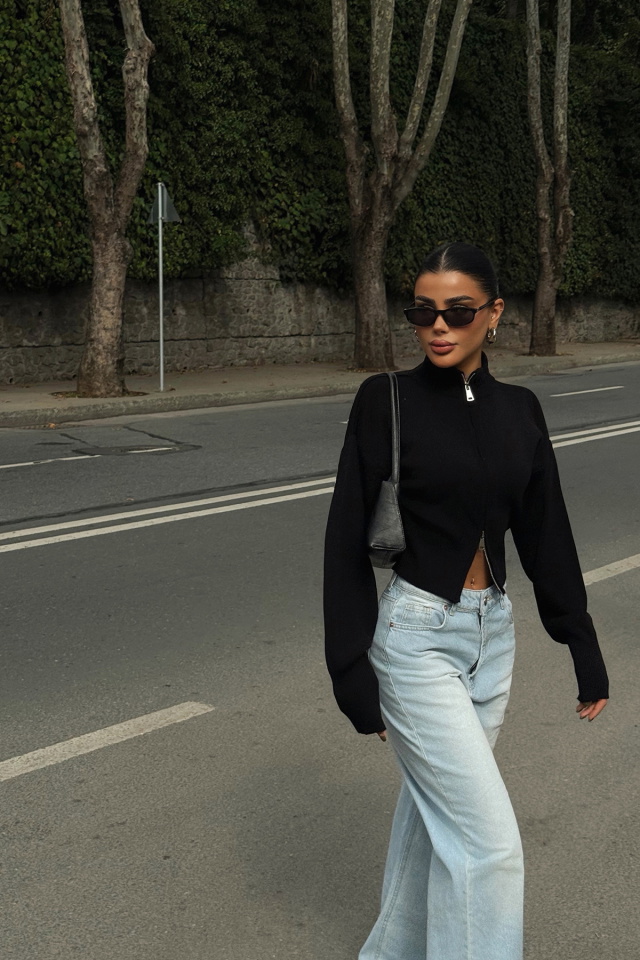 Siyah Balboa Çift Fermuarlı Triko Hırka ATE-3895 - 3