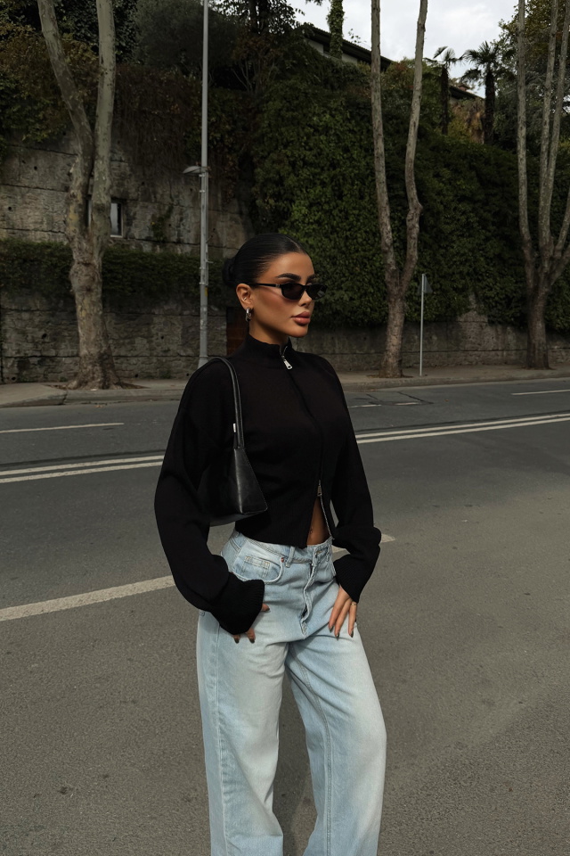 Siyah Balboa Çift Fermuarlı Triko Hırka ATE-3895 - 4