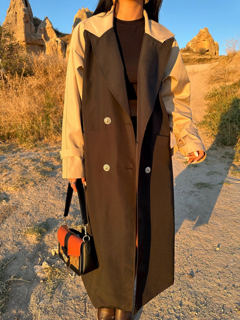 Siyah Çift Renk Kolları Kemerli Trenckot ATE8463 - EYYO TOPTAN