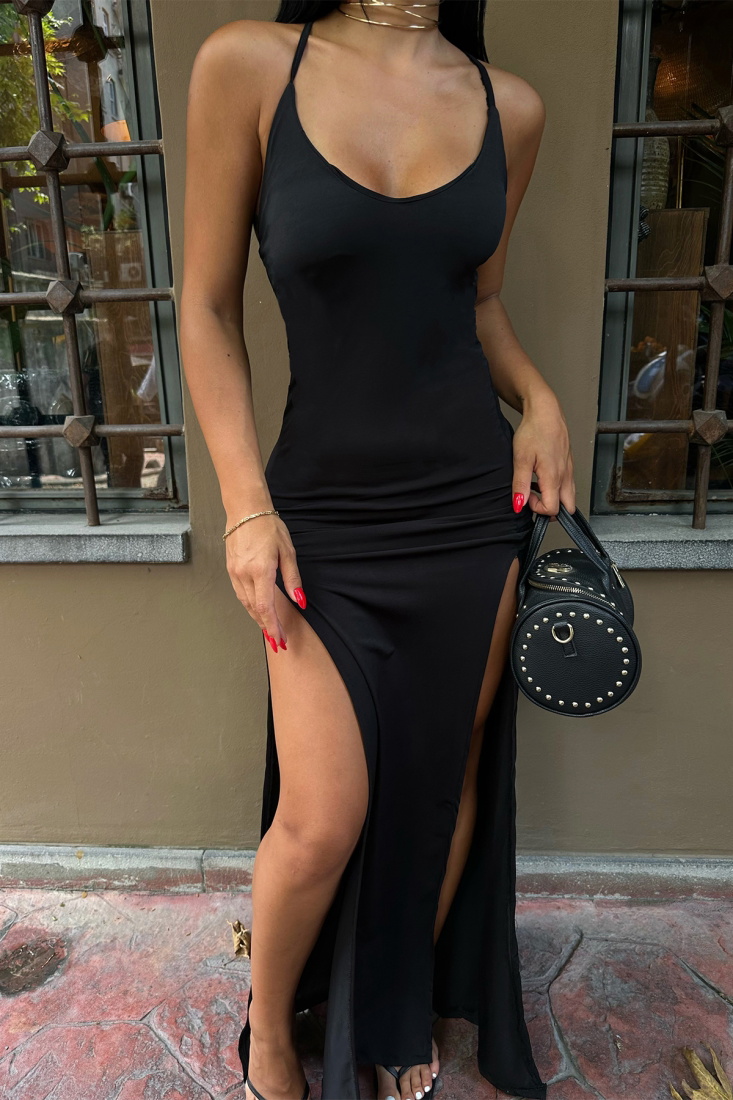 Siyah Çift Yırtmaçlı Uzun Elbise ATEL2075 - EYYO