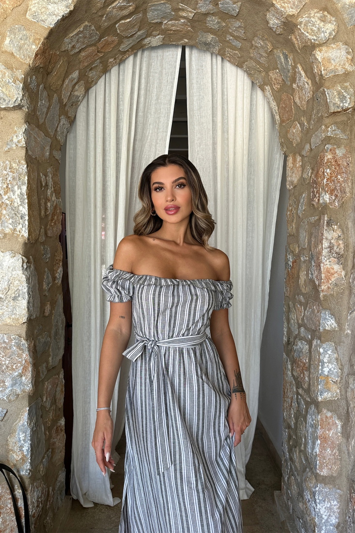 Siyah Çizgili Bağlamalı Uzun Elbise ATE7201 - EYYO