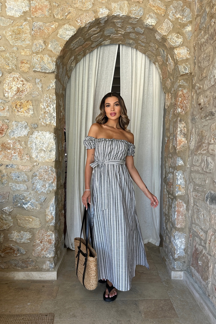 Siyah Çizgili Bağlamalı Uzun Elbise ATE7201 - EYYO