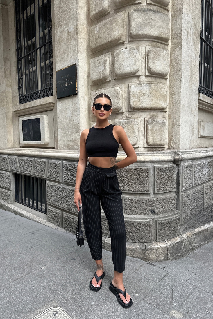 Siyah Çizgili Cep Detay Pantolon ATE7126 - TİLLE