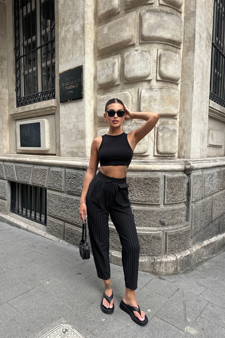 Siyah Çizgili Cep Detay Pantolon ATE7126 - TİLLE