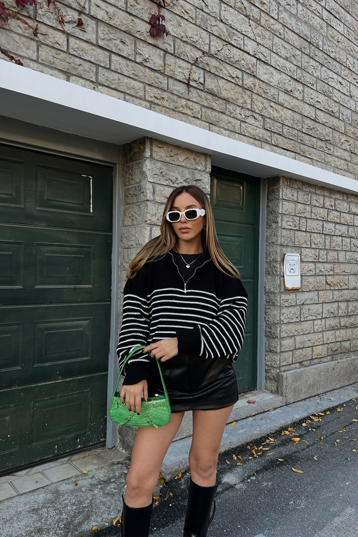 Siyah Çizgili Fermuar Detay Kazak ATE2487 - EYYO