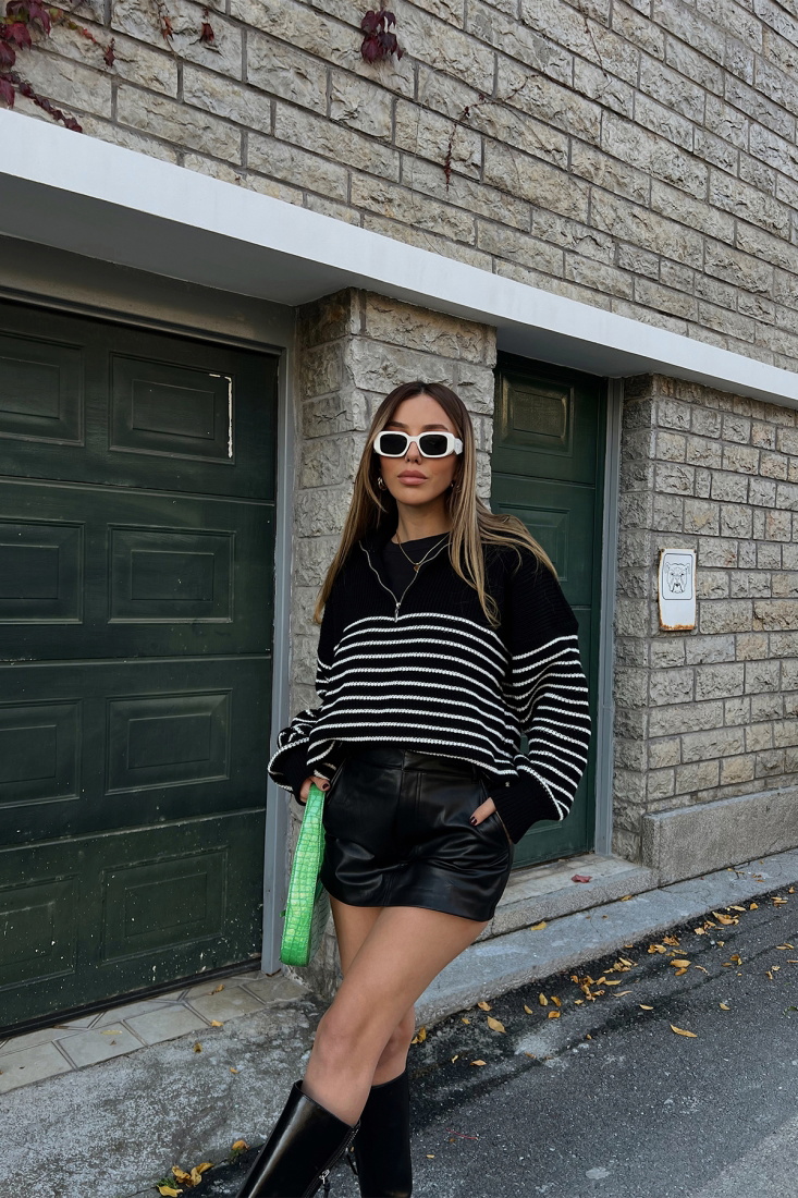 Siyah Çizgili Fermuar Detay Kazak ATE2487 - EYYO