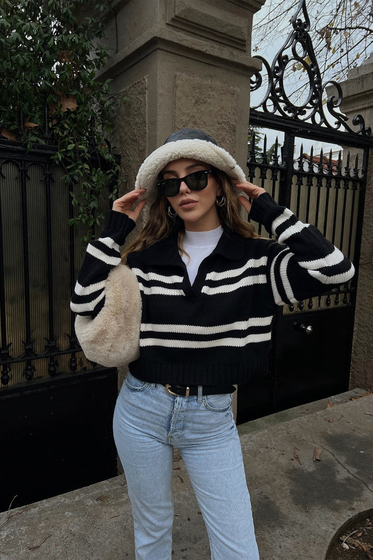 Siyah Çizgili Gömlek Yaka Kazak ATE2988 - EYYO