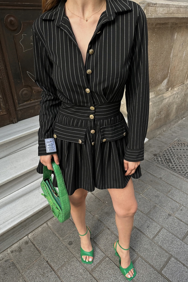 Siyah Çizgili Gömlek Yaka Mini Elbise ATE6545 - EYYO