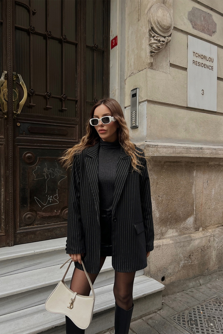 Siyah Çizgili Kruvaze Yaka Ceket ATE4441 - EYYO TOPTAN