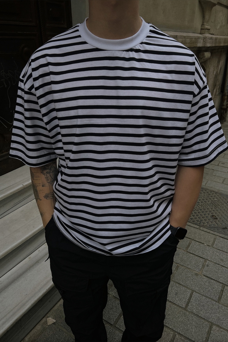 Siyah Çizgili Oversize Tişört ATE5174 - 